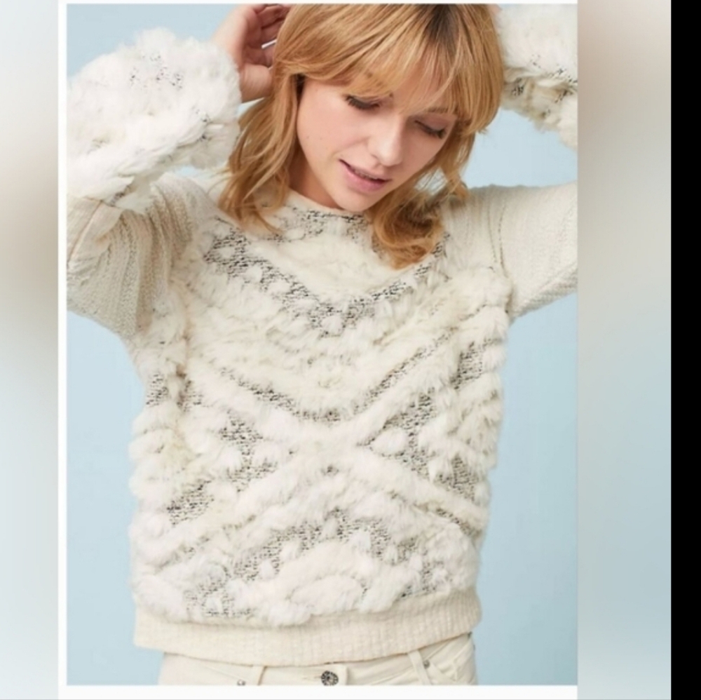 Anthropologie M Amadi Texture-Stitched Calista Faux Fur Moroccan Sweatshirt Top
